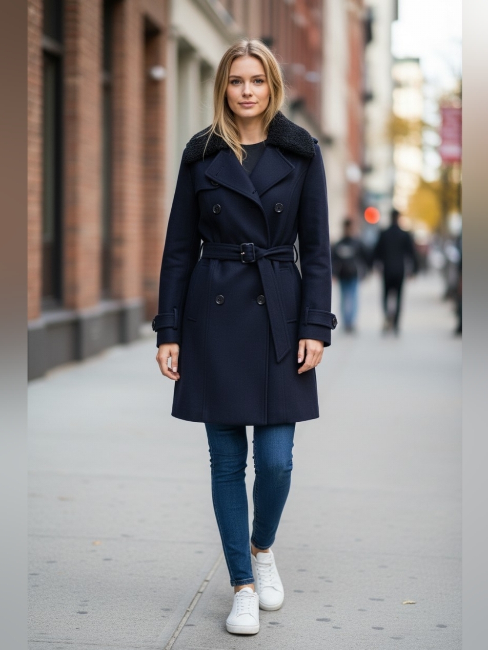 MICHAEL Michael Kors Wool Navy Pea Coat with Shearling Collar 2 Preowned‎